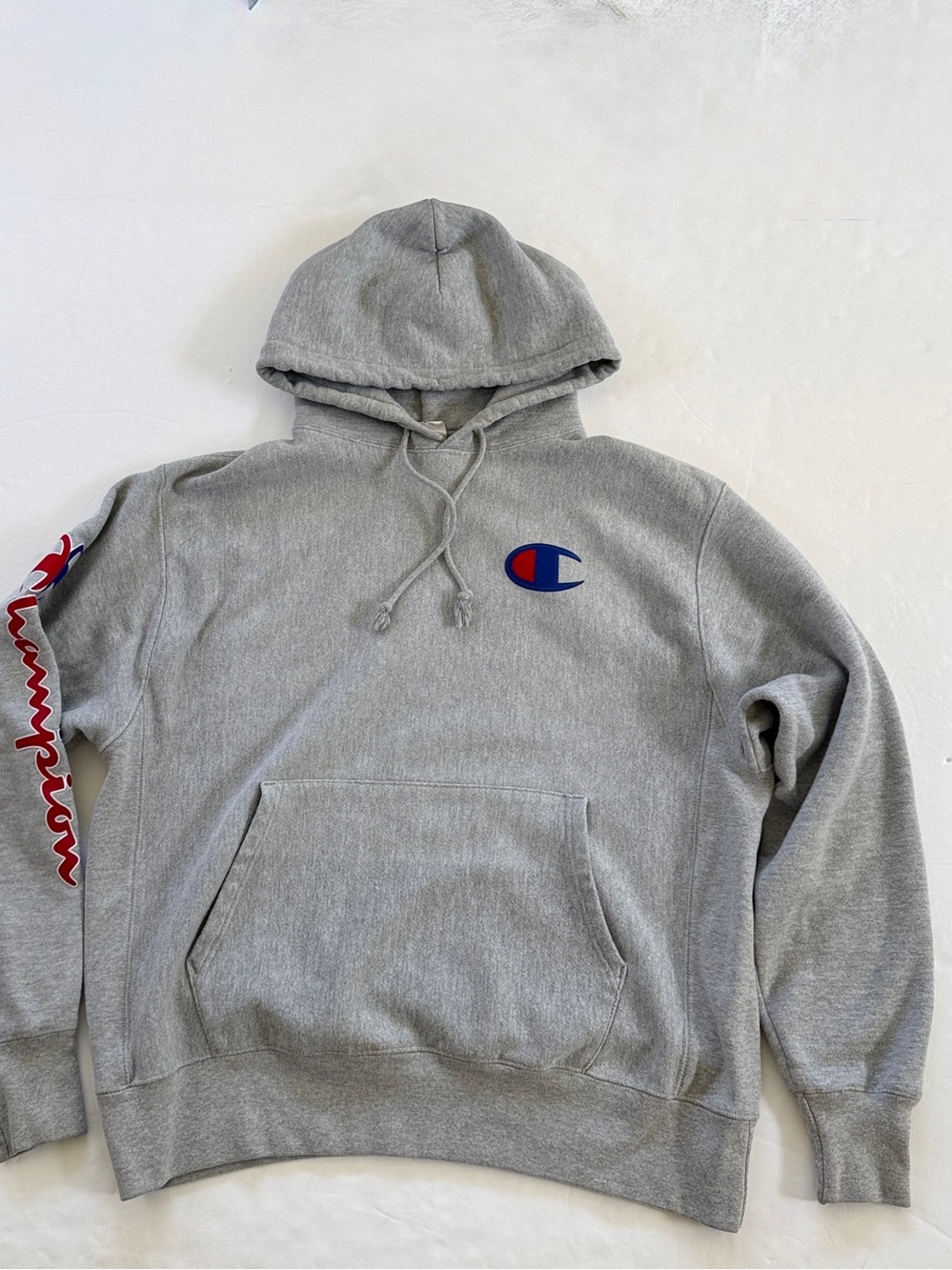 Champion Hoodie Gray Mens Large Embroidered Logo Sleeve Spell Out Y2K